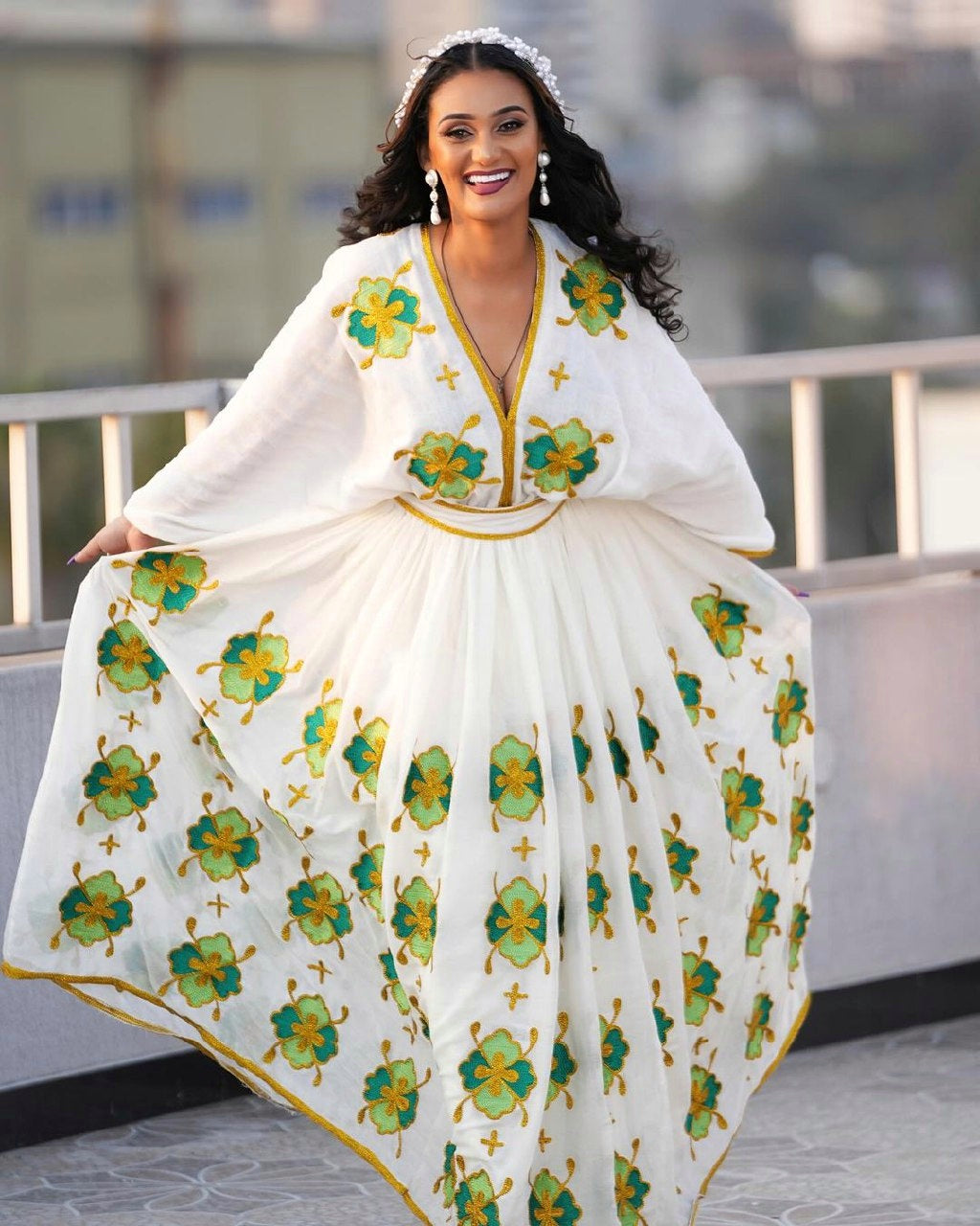 Stylish Elegance Green and Blue Habesha Dress Chic Habesha Kemis TheEthiopianStore