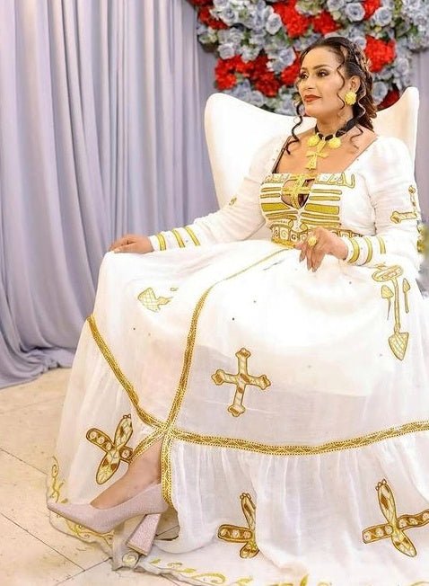 Exquisite Golden Yellow Habesha Kemis Elegant Beautiful Habesha Dress