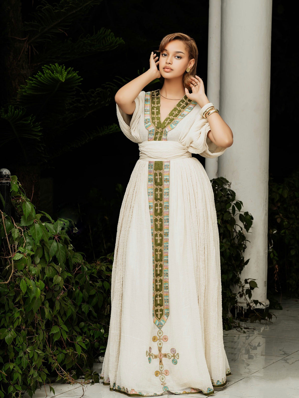 V-Neckline Habesha Dress Cross Embroidery Ethiopian Clothing Vibrant Habesha Kemis 633