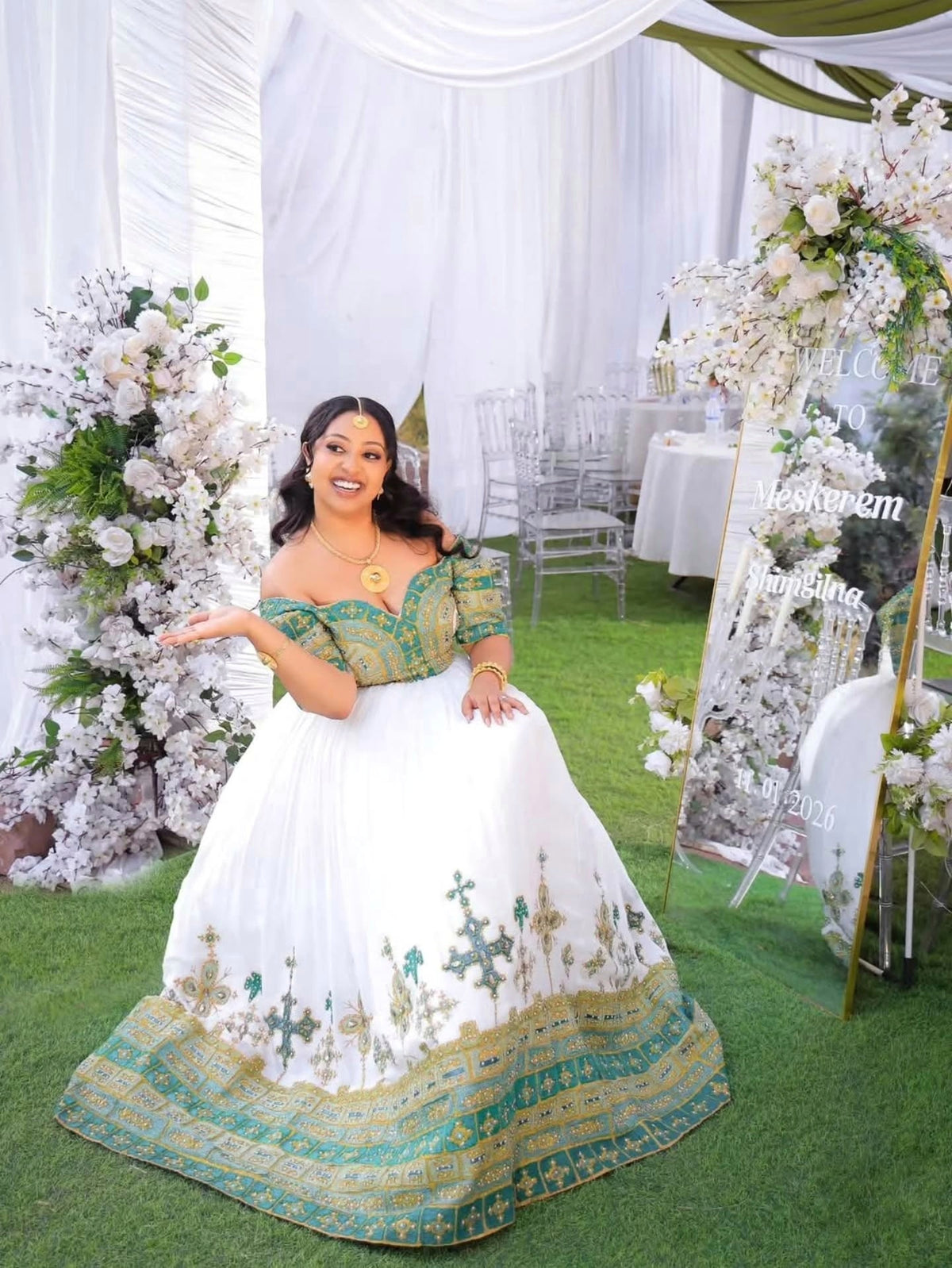 Off-Shoulder Habesha Dress Green and Gold Embroidery Habesha Kemis For Wedding Ethiopian Wedding Dress 663