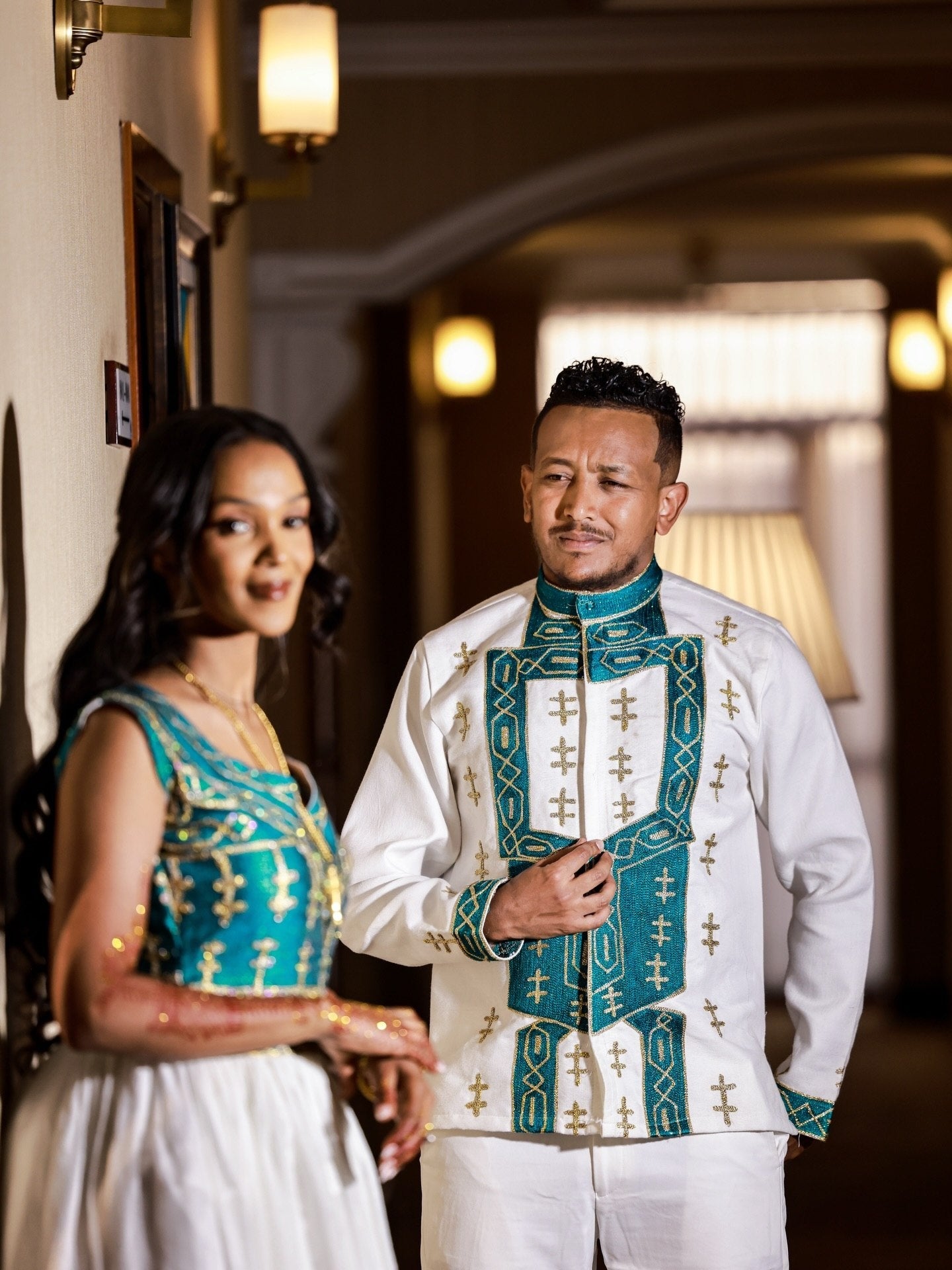 Habesha Couples Outfit Green Embroidery Matching Set Timeless Ethiopian Clothing For Couple's 664