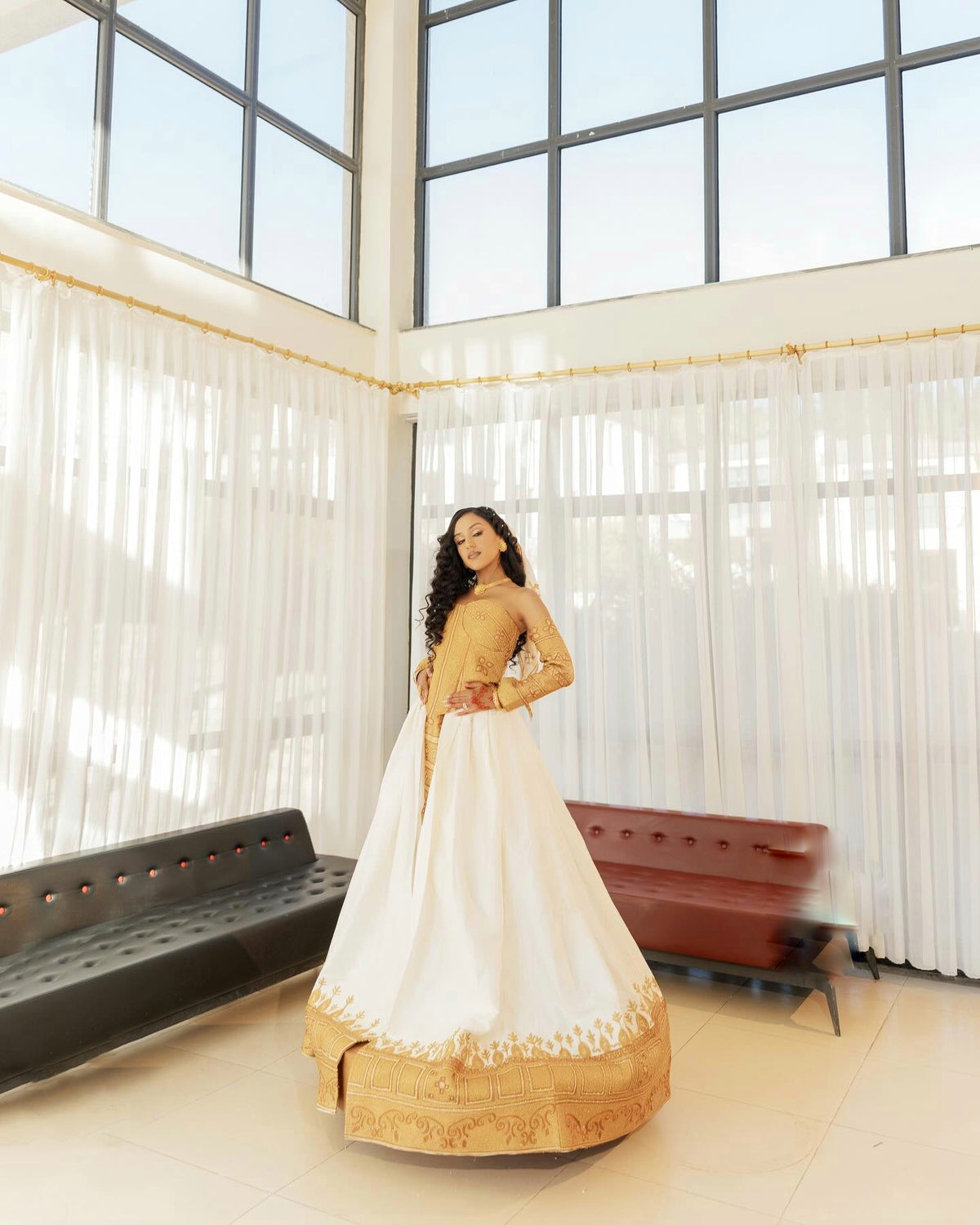 Strapless Habesha Dress Golden Embroidery Habesha Kemis Graceful Ethiopian Wedding Dress 694