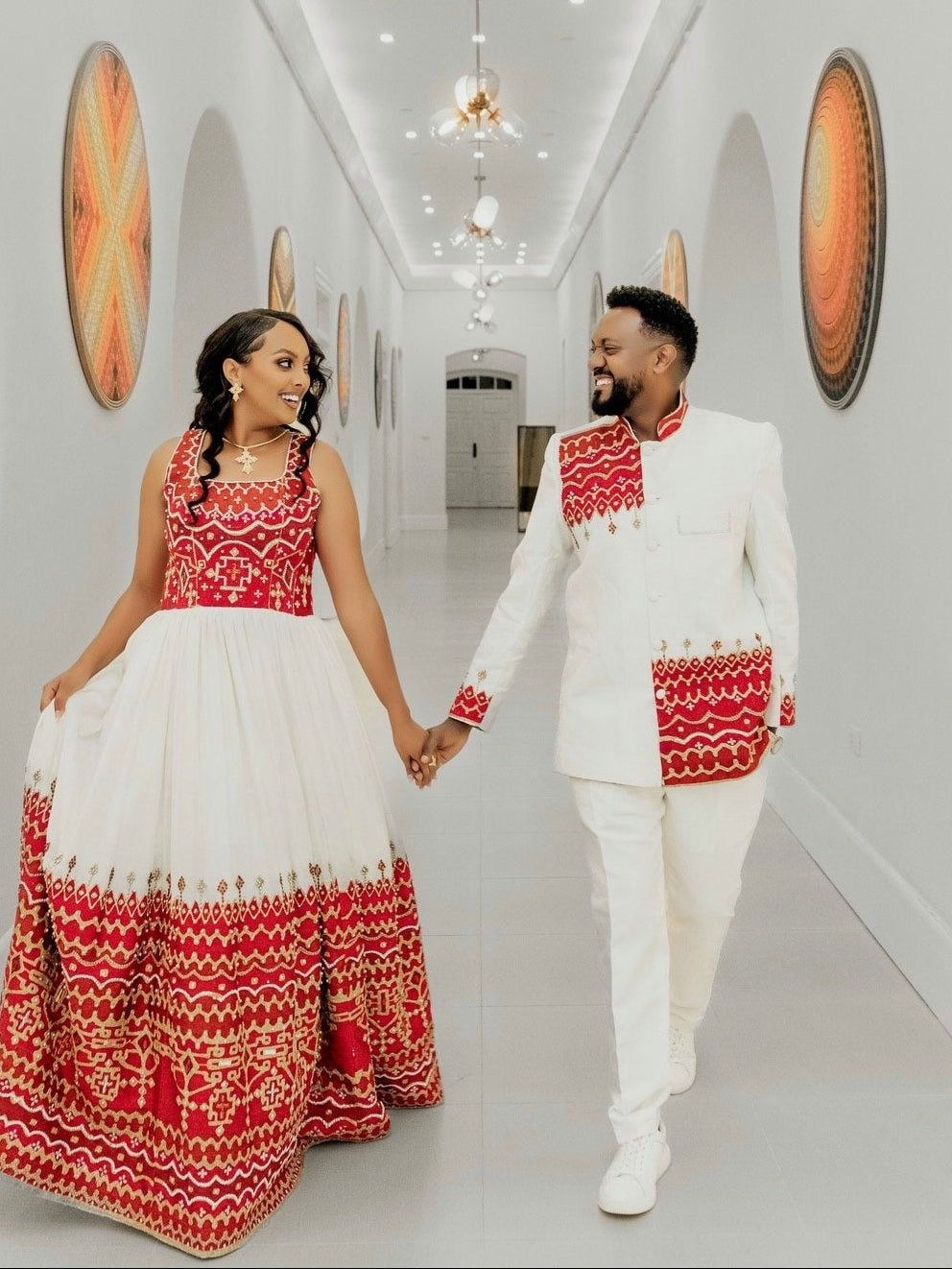 Traditional Couple Attire Red Embroidered Habesha Men’s Set and Women’s Dress 822