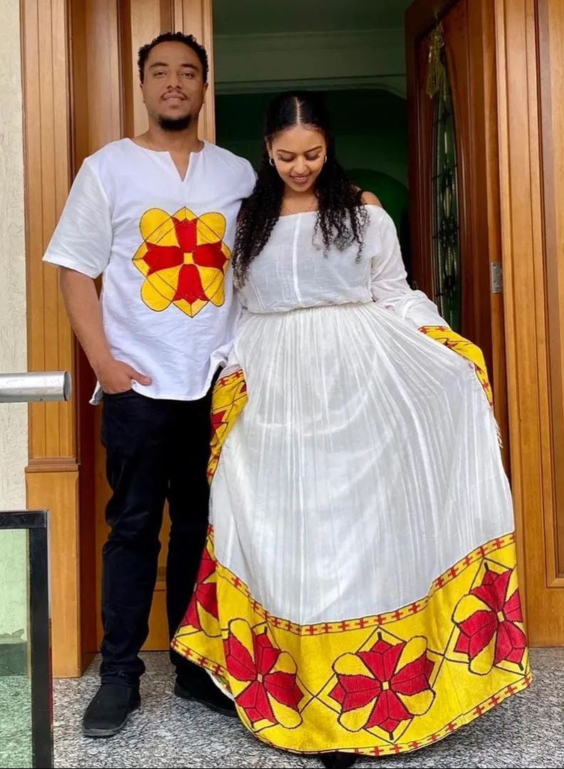 Yellow and Red Cross Designs Habesha Couples Outfit Modern Ethiopian Wedding Outfit Matching Couples Outfit