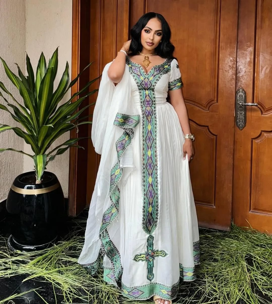 Olive Green Traditional Ethiopian Dress: Graceful Habesha Dress Great for All Functions Habesha Kemis S