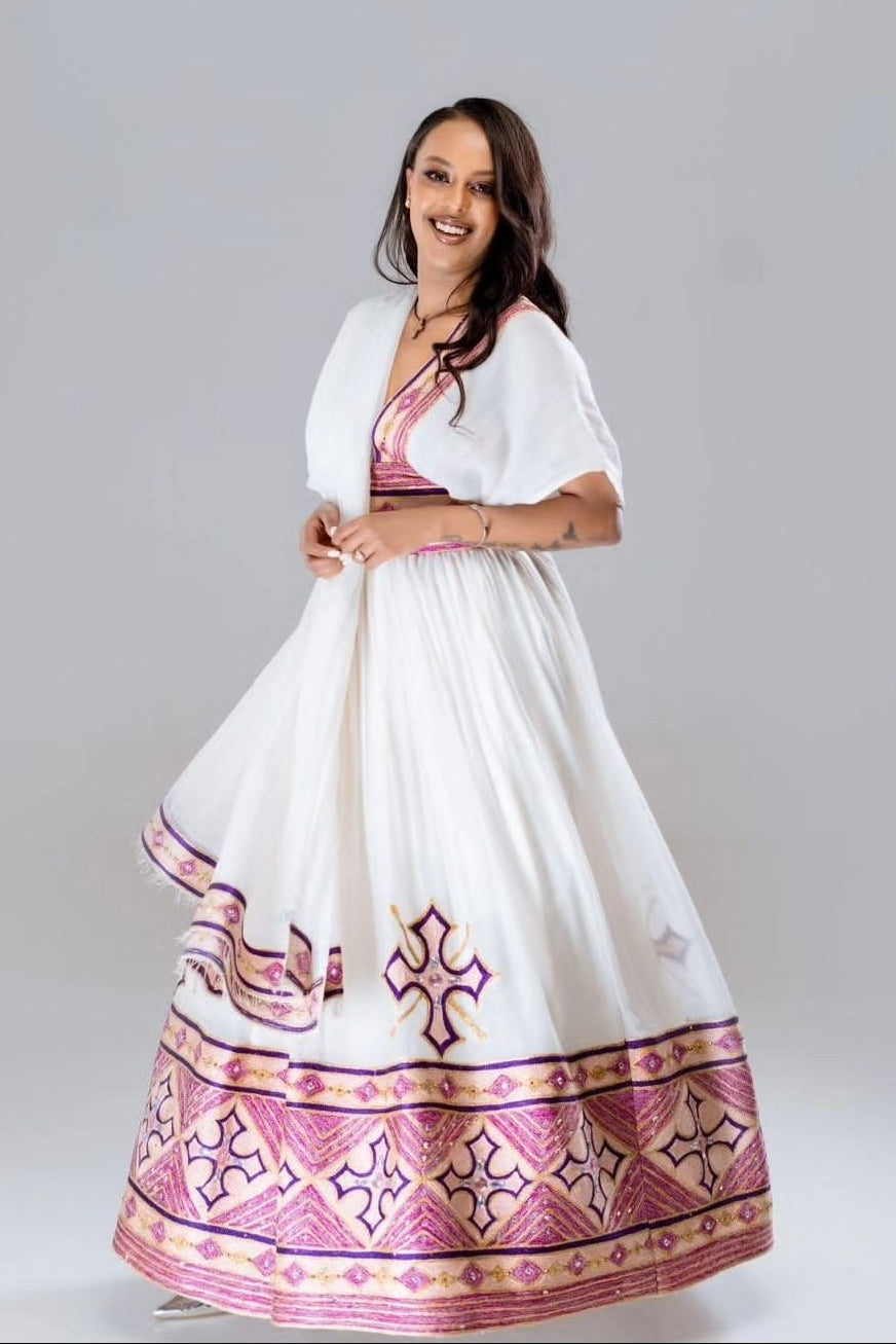 Charming Pink Gaze in Traditional Ethiopian Dress: Contemporary Designed Habesha Dress Perfect for Any Occasions Habesha Kemis