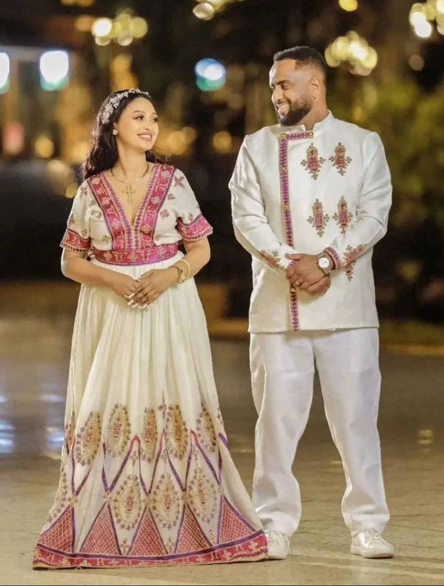 Unified Grace in Pink and Golden Habesha Outfit