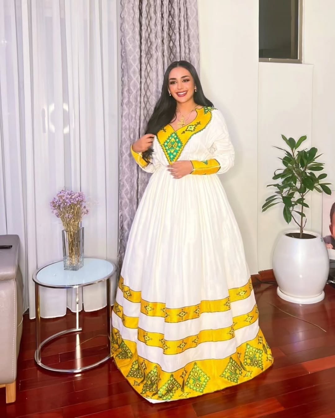 Elegant Habesha Kemis Modern Habesha Design Featuring Yellow Accents