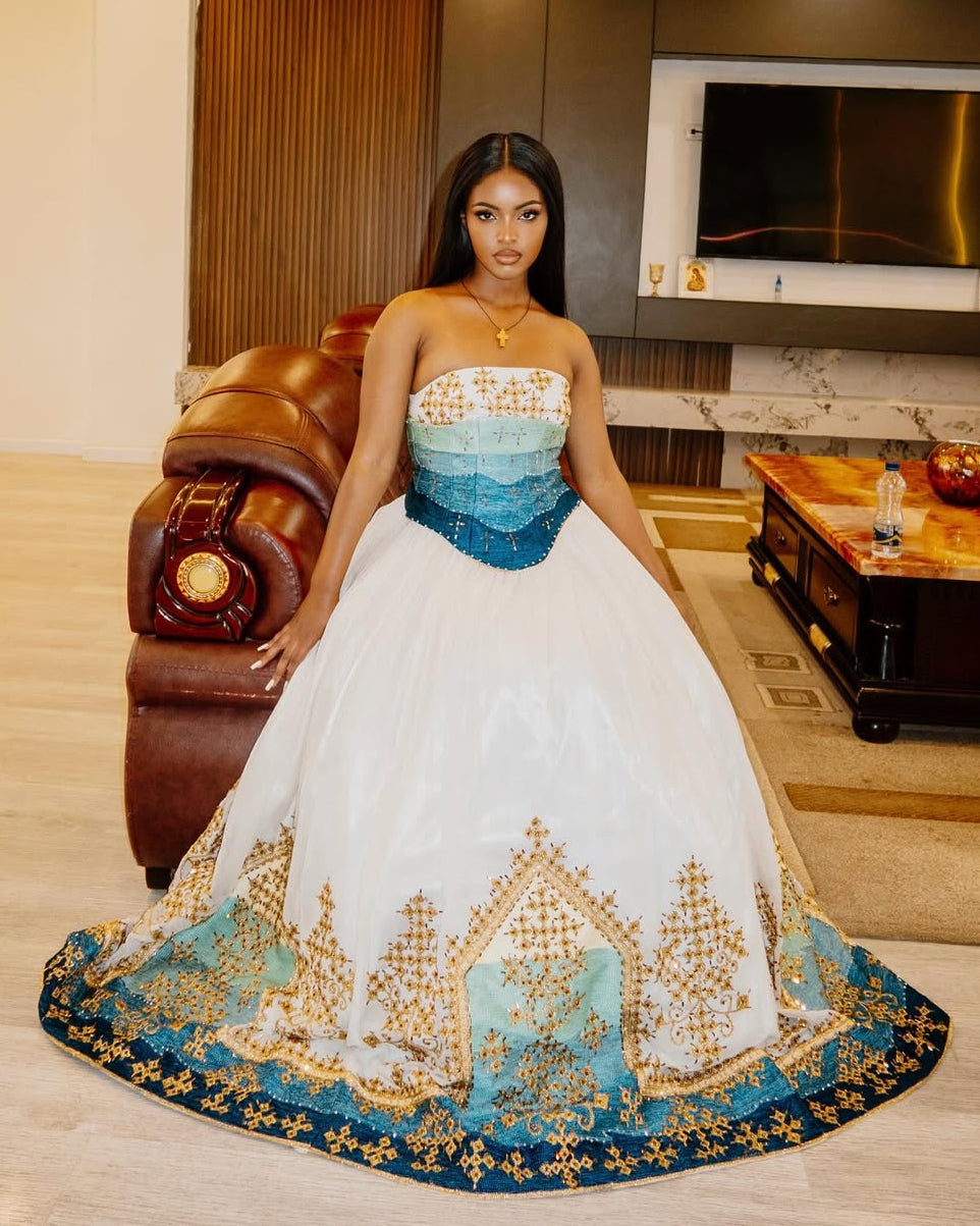 Blue and Gold Ethiopian Wedding Dress Elegant Habesha Kemis Off-Shoulder Habesha Wedding Dress 0009 L