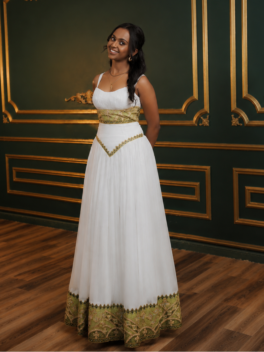 Stylish Habesha Kemis Sleeveless Ethiopian Dress with Green Embroidery Timeless Habesha Dress 894