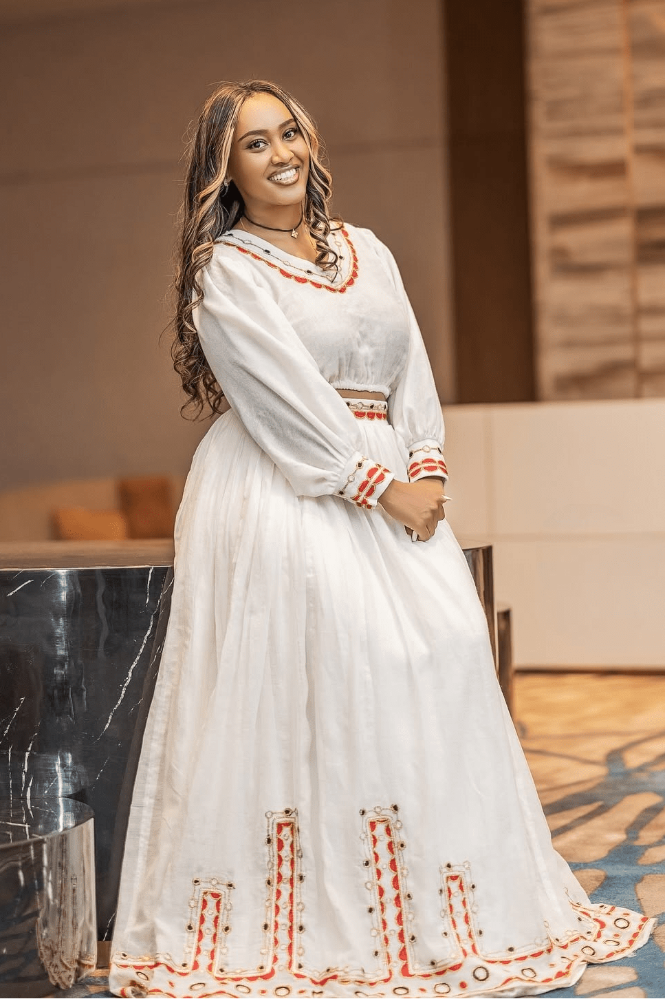 Red and Silver Handwoven Crop Top and Skirt Habesha Dress: with Cultural Detailing Traditional Ethiopian Dress M