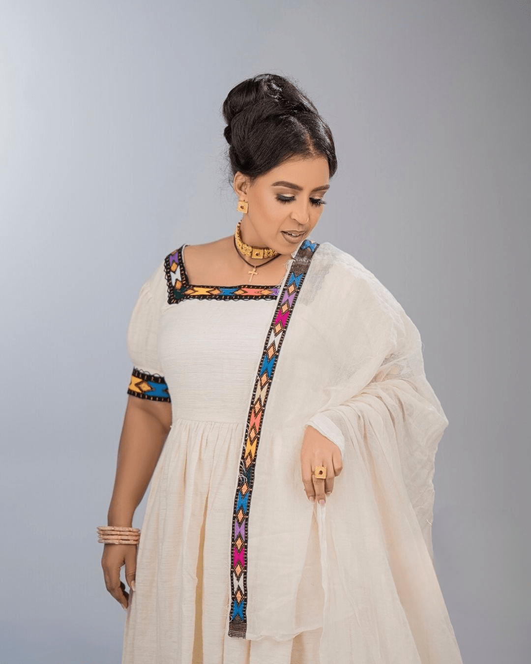 Gracious Creamy Habesha Dress: with Handmade Complex Embroidery Traditional Ethiopian Dress