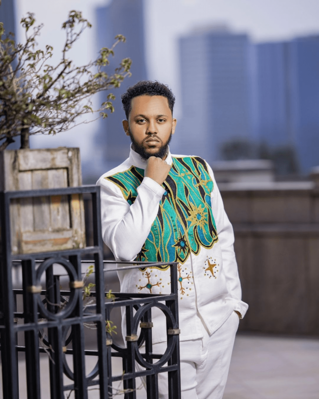 Glamourous Green Traditional Ethiopian Couples Attire: Handmade Black Adornments Matching Habesha Couples Outfit