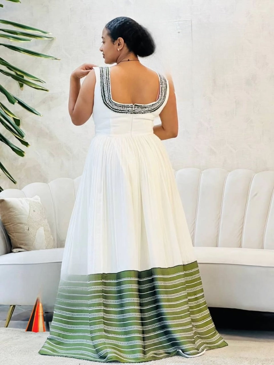 Timeless Habesha Kemis with Green Accents Sleeveless Ethiopian Traditional Dress