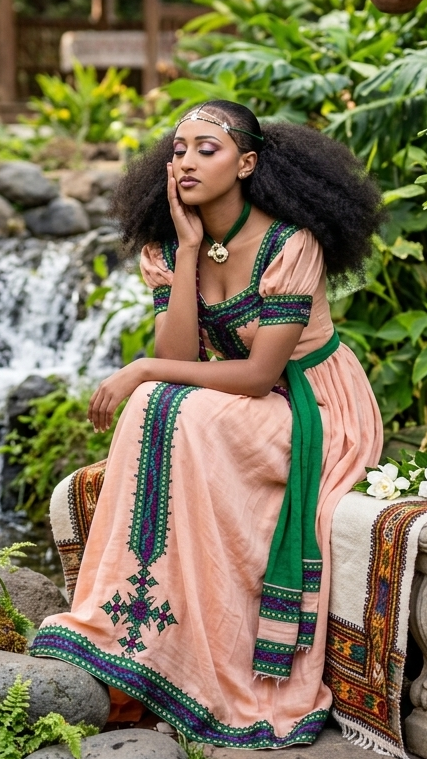 Enchanting Soft Peach Habesha Dress Emerald Green and Purple Geometric Ethiopian Clothing 953