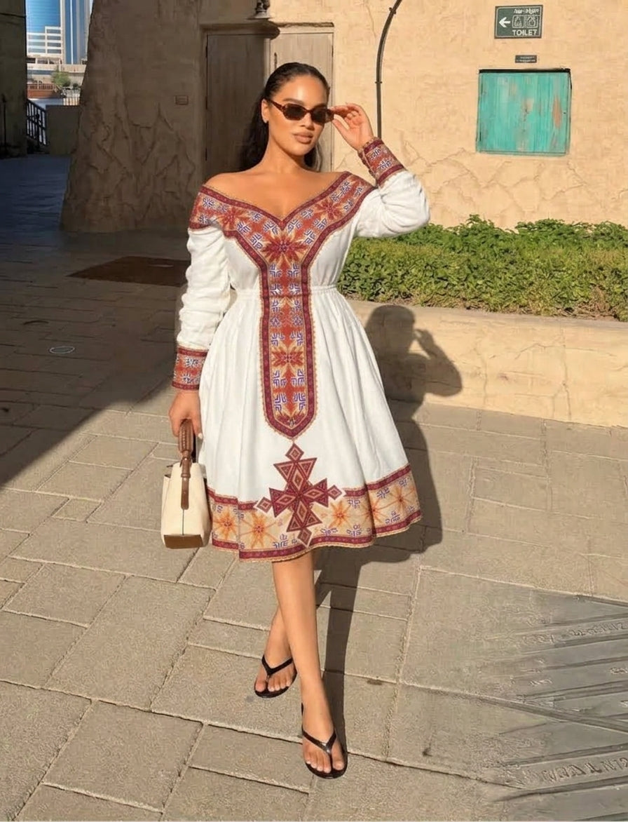 AI-Generated Off-Shoulder Knee-Length Terracotta & Ochre Habesha Kemis Modern Ethiopian Dress Concept 1223