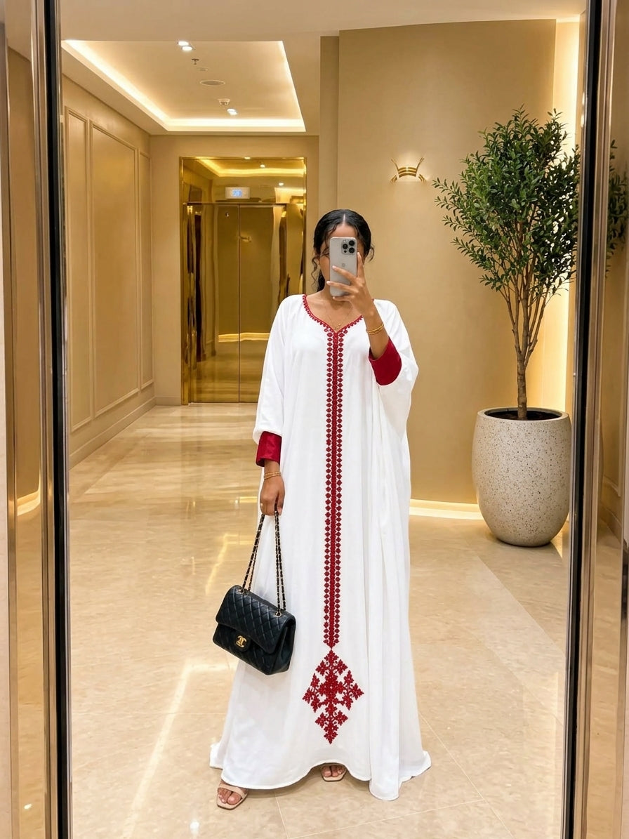 AI-Generated Crimson-Red & White Mirror-Mirror Kaftan Habesha Kemis Ethiopian Dress Concept 1362