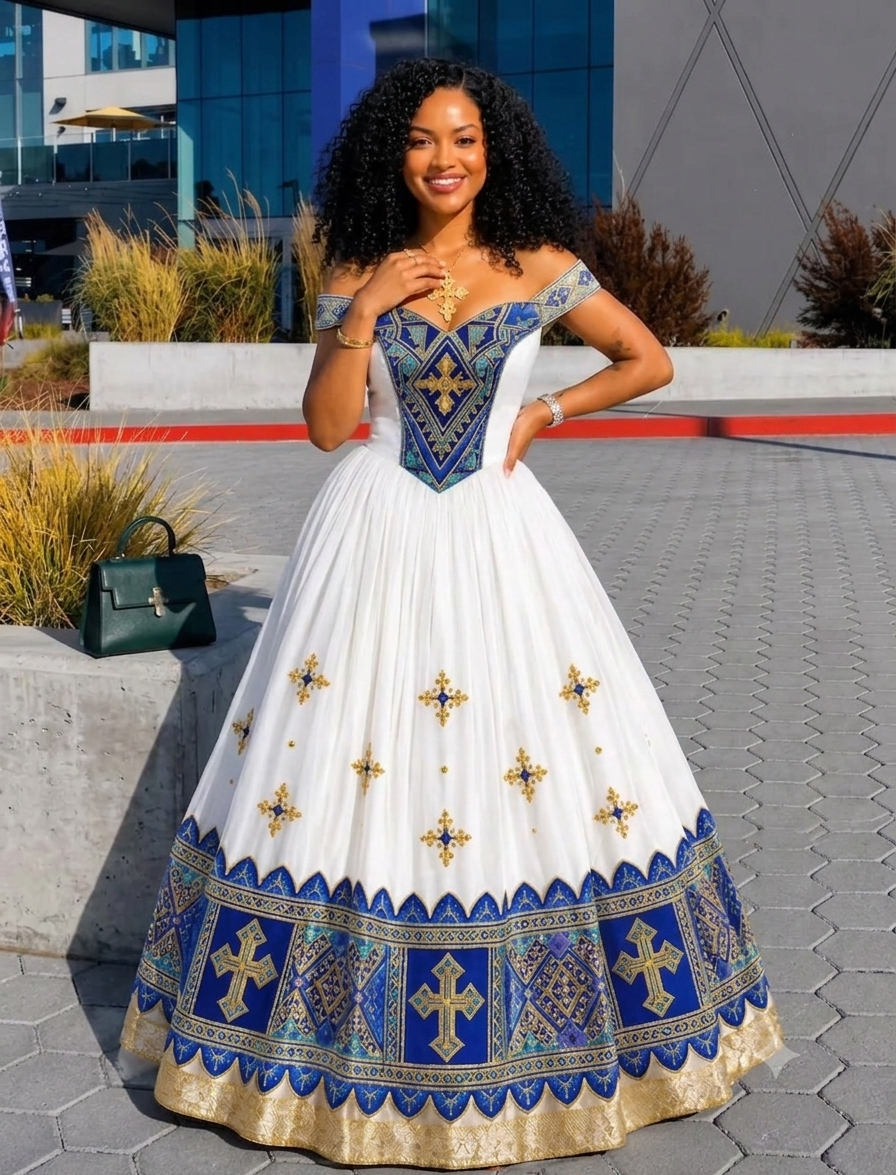 AI-Generated Off-Shoulder Royal Blue & Gold Cross Habesha Kemis Graceful Ethiopian Clothing 1165