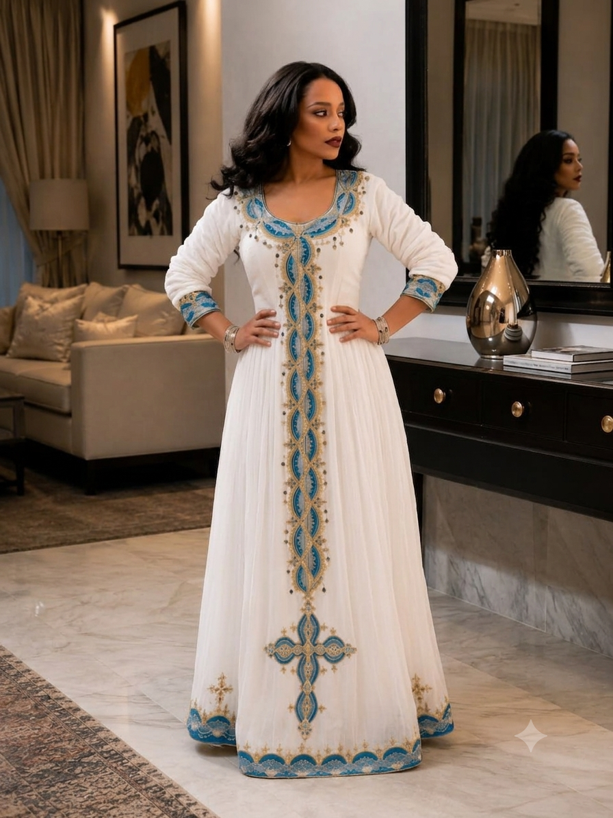 Majestic Habesha Kemis Royal Blue and Gold Braided Embroidery Habesha Dress Ethiopian Clothing Cross Motif 994
