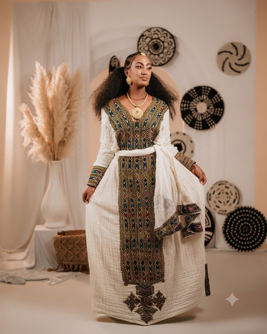 Textured Cream Habesha Kemis Ornate Multi-Colored V-Neck Habesha Dress 971