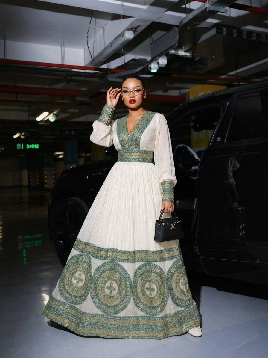 AI-Generated Long-Sleeve Jade-Green & Gold Medallion Habesha Kemis Regal Ethiopian Dress 1244