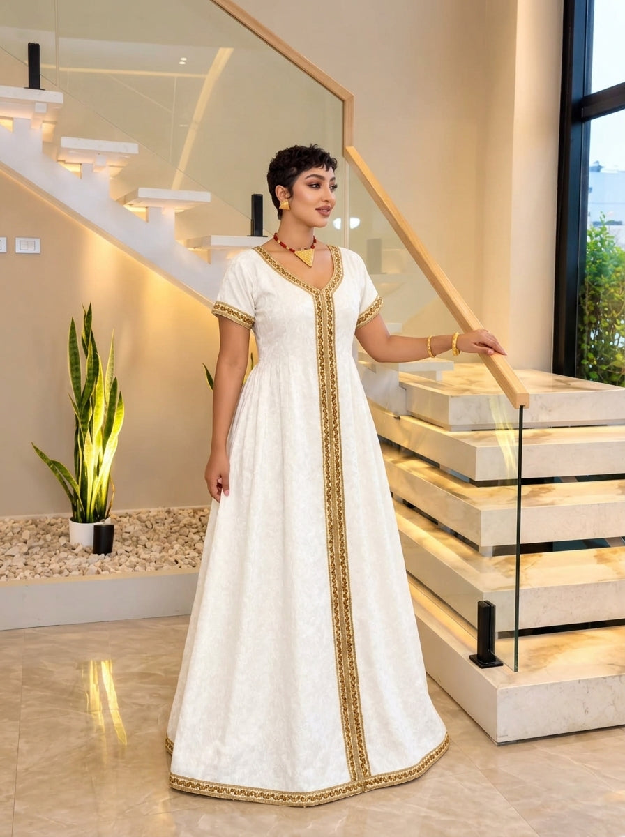 AI-Generated Short-Sleeve Gold & White Minimalist Habesha Kemis Elegant Ethiopian Dress Concept 1323