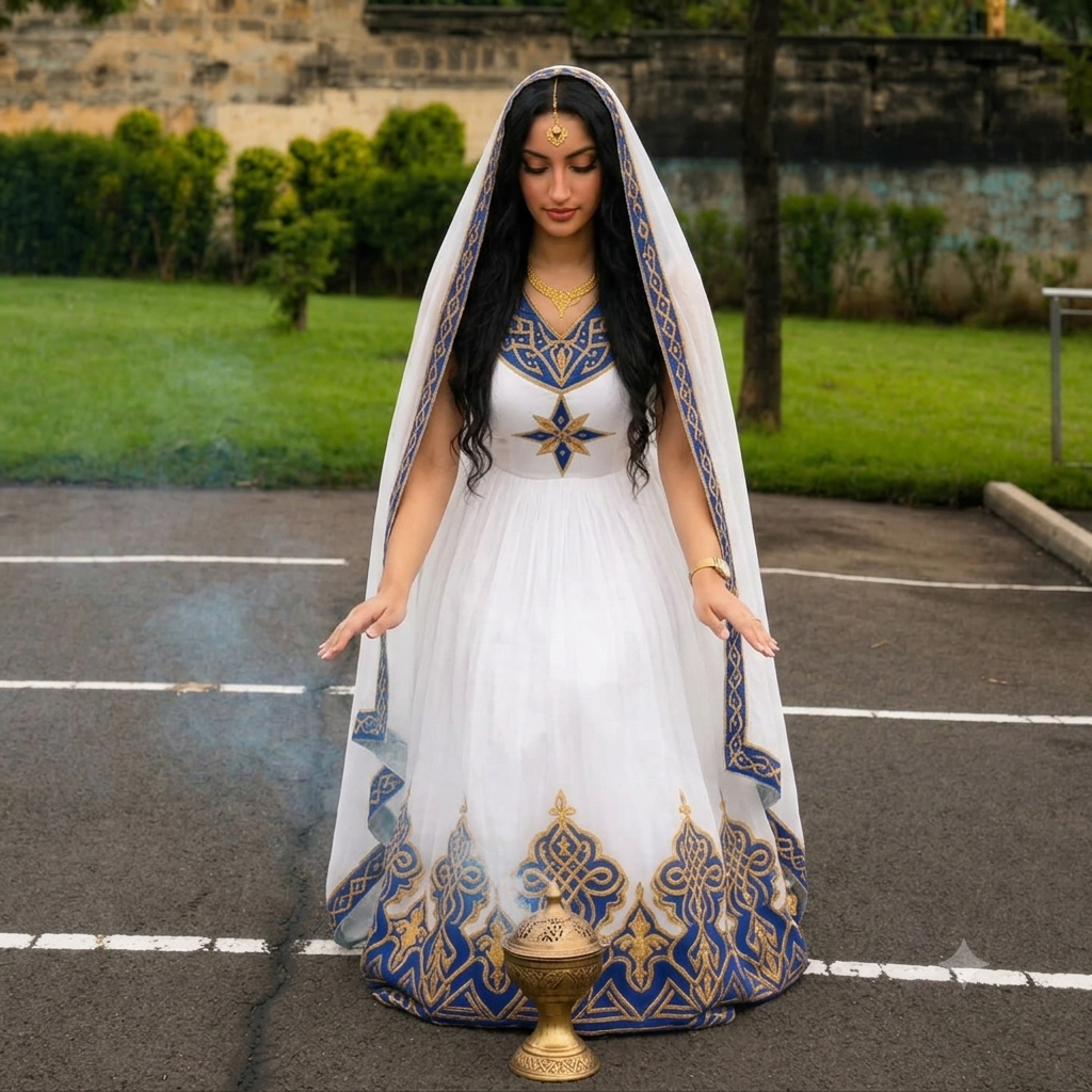 AI-Generated Royal Blue and Gold Embroidered Habesha Kemis Cultural Habesha Dress For Timeless Elegance 1161