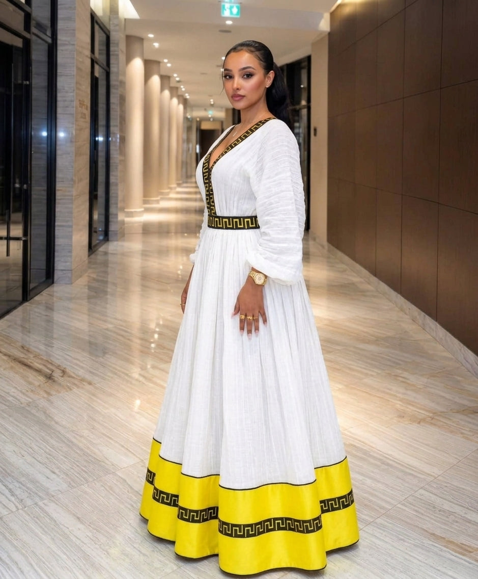 AI-Generated Long-Sleeve Bright-Yellow & Black Geometric Habesha Kemis Modern Ethiopian Dress Concept