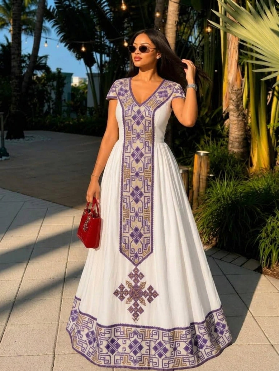 AI-Generated Short-Sleeve Habesha Kemis Purple & Gold Geometric Habesha Dress With Stunning Style 1213