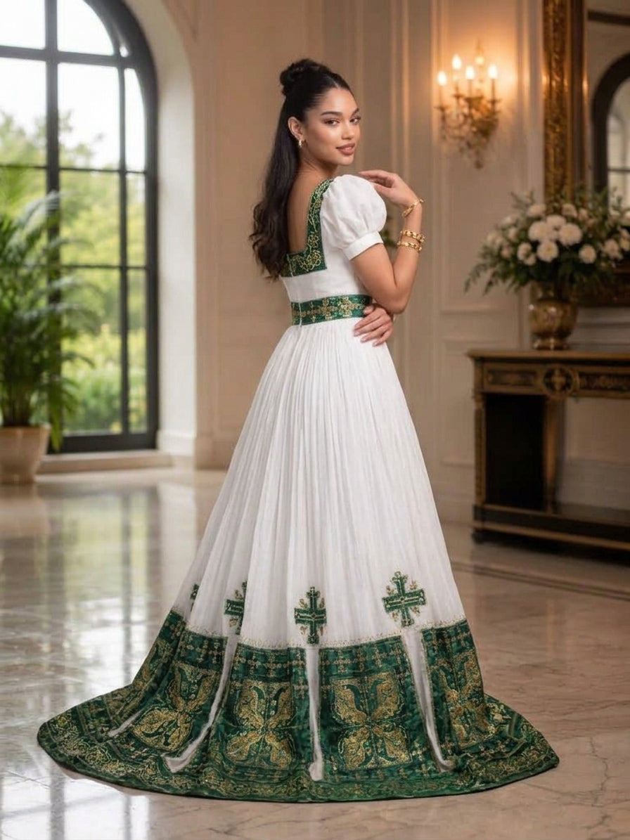 AI-Generated Short Puff-Sleeve Habesha Kemis Forest-Green & Gold Filigree Habesha Dress Classic Ethiopian Dress 1192
