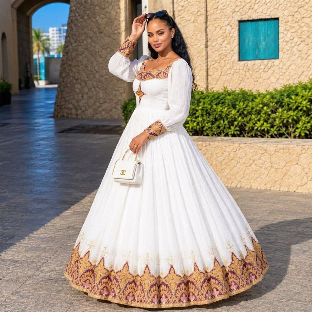 AI-Generated Long-Sleeve Plum & Warm Gold Filigree Habesha Kemis Elegant Ethiopian Dress Concept 1254