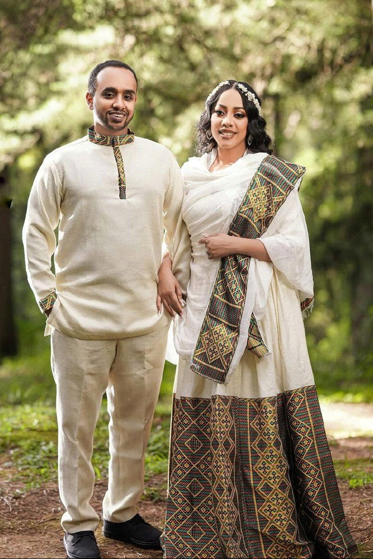 Artistry Unveiled: Handwoven Elegance in Habesha Couples' Outfit