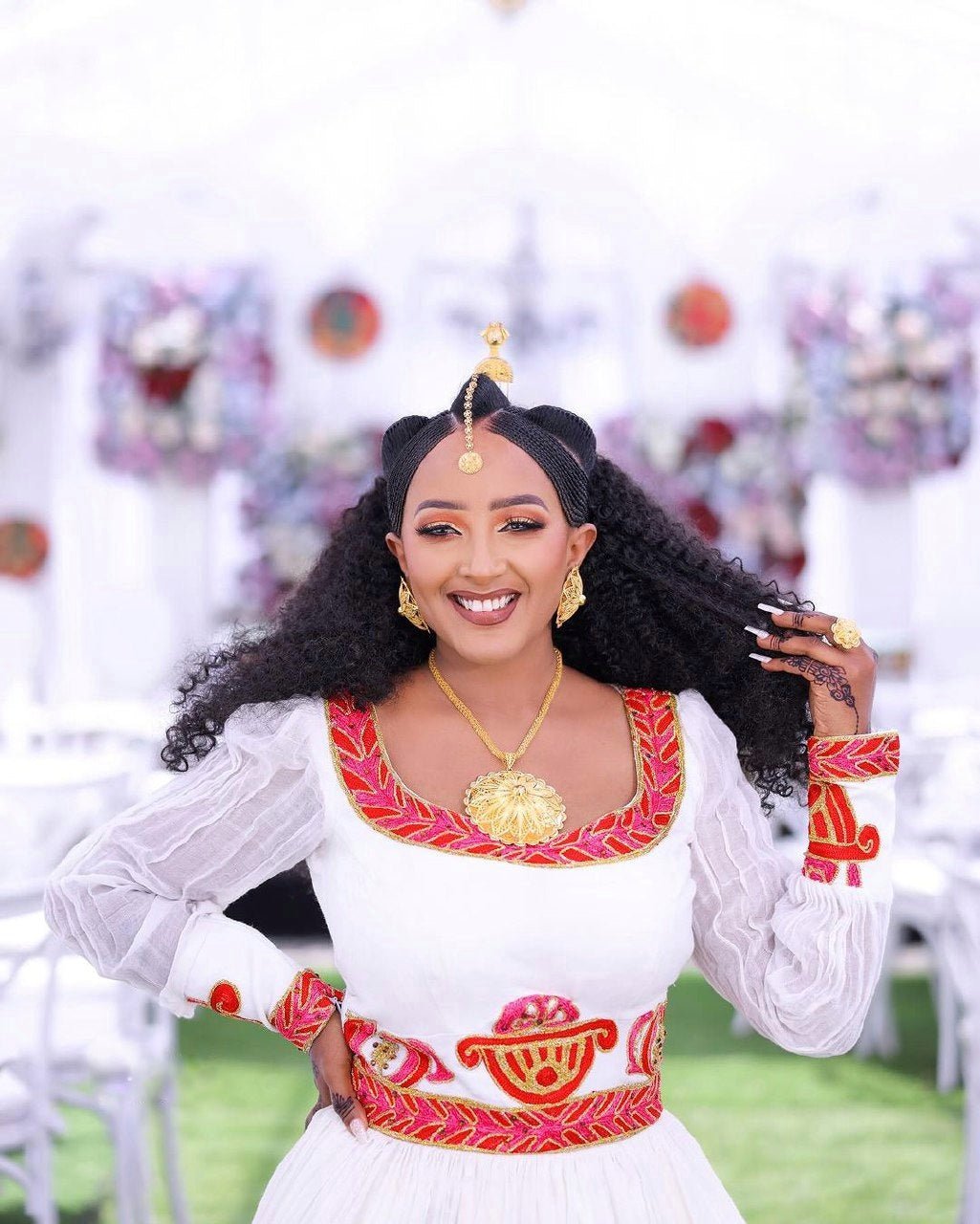 Radiant Roses Habesha dress Embrace Ethiopian Elegance with Vibrant Red and Pink Habesha Kemis