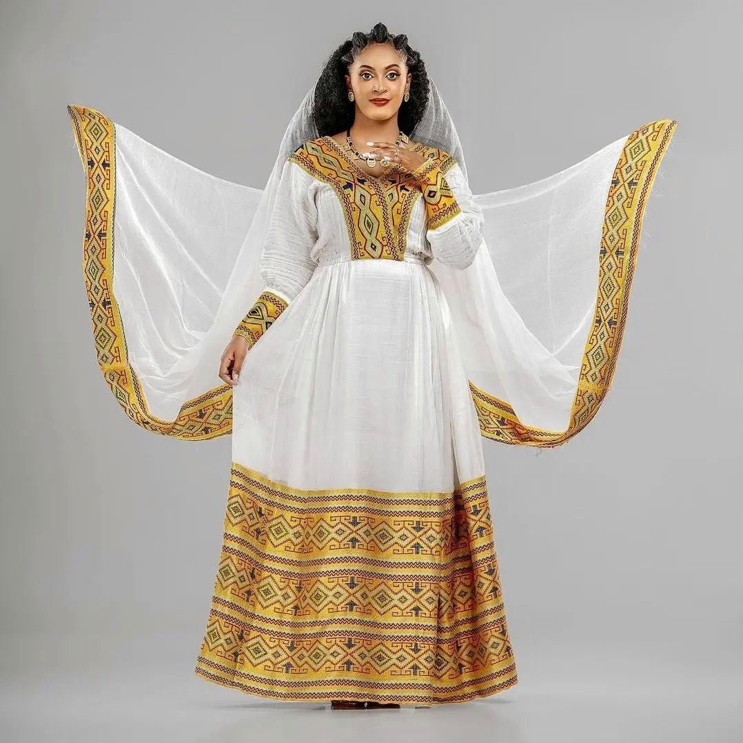 Elegant Golden Yellow Habesha Dress Modern Habesha Kemis Ethiopian Dre TheEthiopianStore