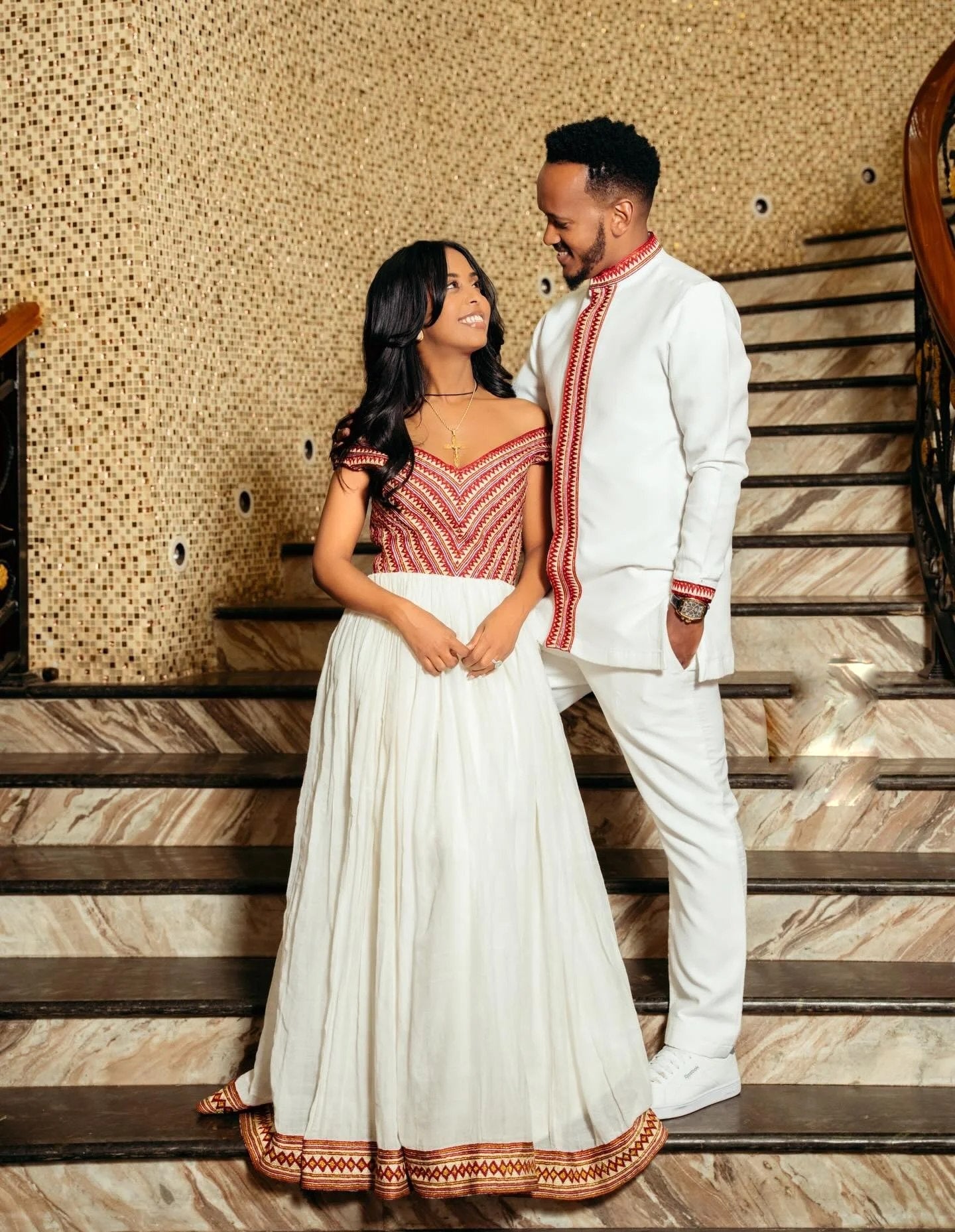 Matching Ethiopian Couple Outfit Crimson and Gold Chevron Habesha Couples Set 1010