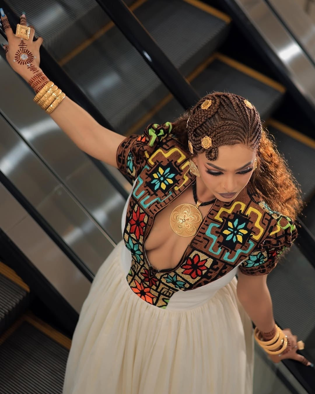 Vibrant Multi-Color Geometric Yoke Habesha kemis Artisanal Traditional Ethiopian Dress For Celebrations 1137