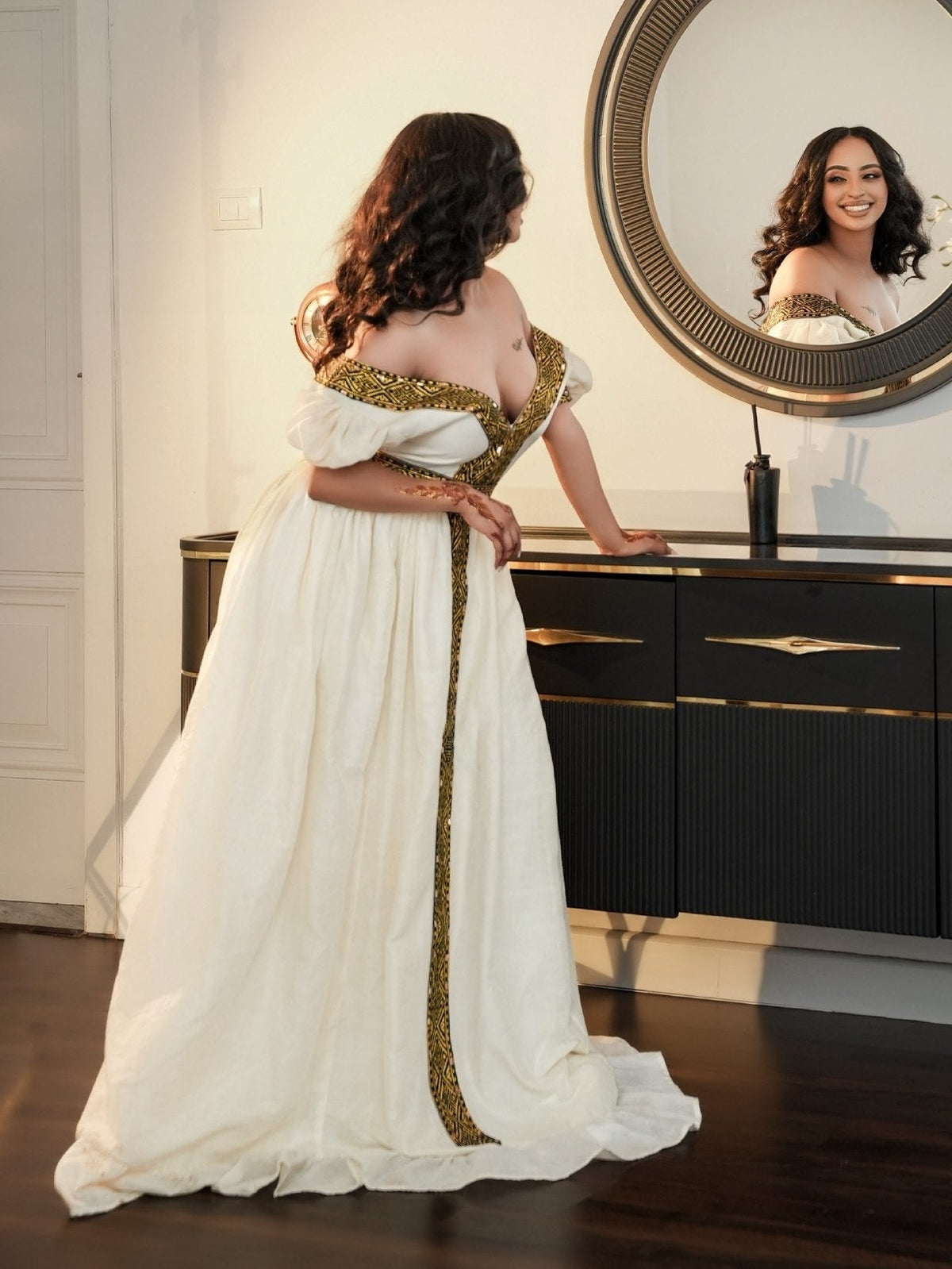 Black & Gold Embroidered Habesha Kemis Off-Shoulder Sweetheart Gown with Central Tapestry Column Ethiopian dress 1290