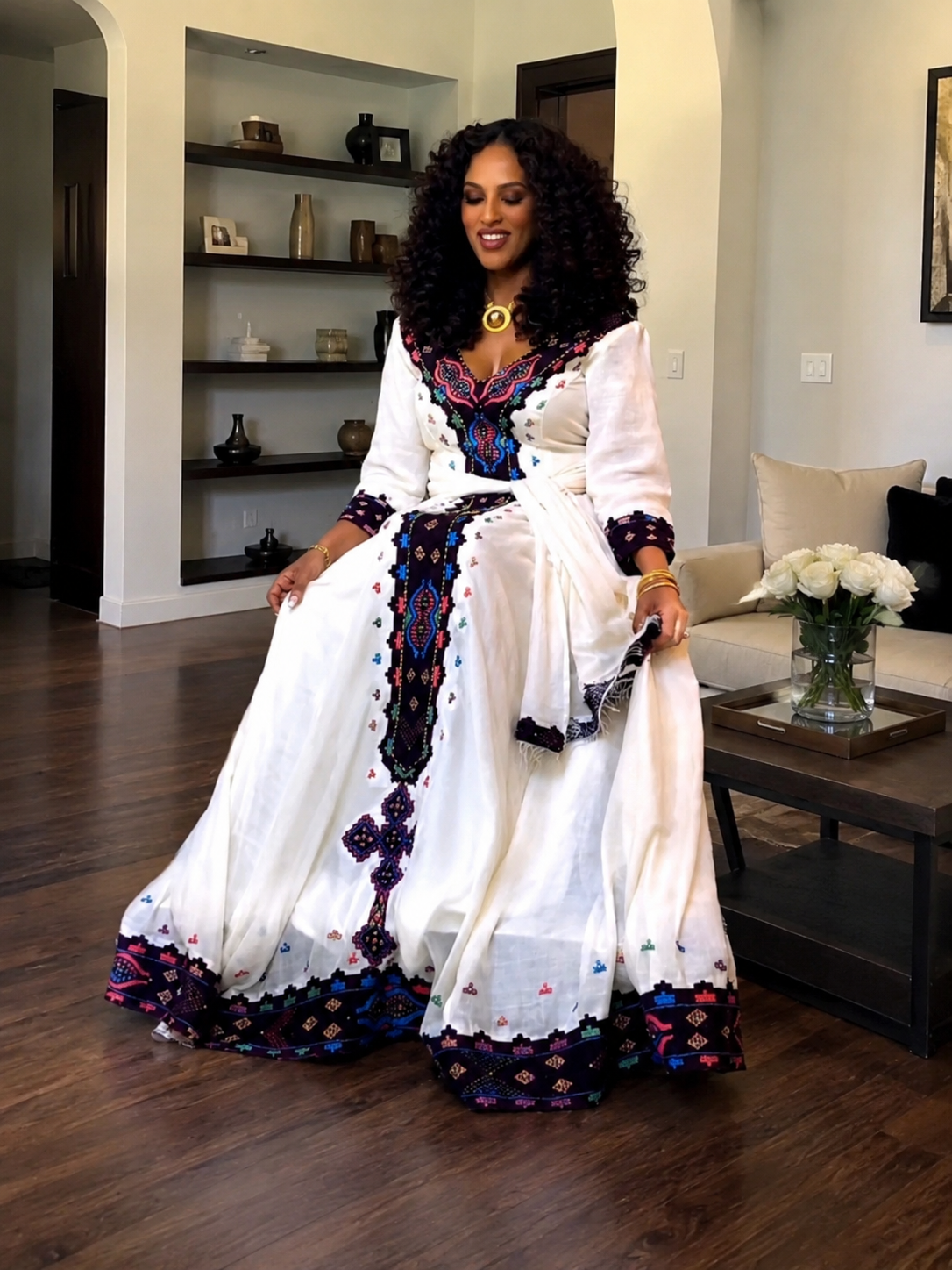 Regal V-Neck Ethiopian Clothing Midnight Black, Teal, and Coral Red Geometric Habesha Dress 954