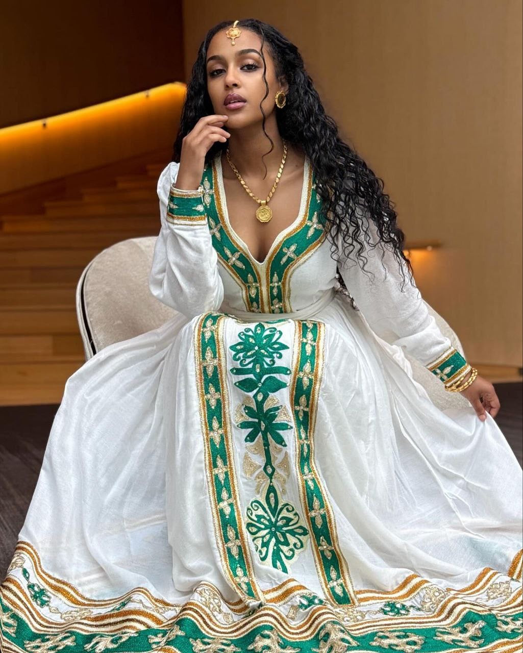 Stylish Habesha Kemis with Green and Gold Embroidery – Eritrean Dress – Eritrean Traditional Clothing