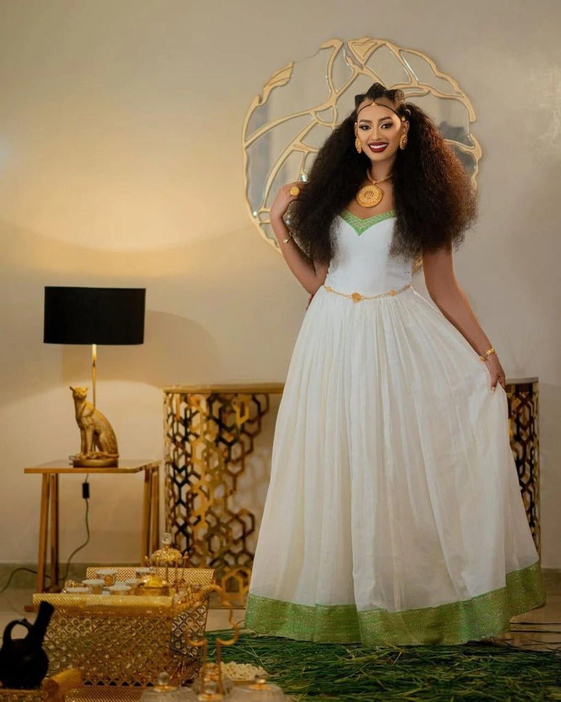 Simple Habesha Kemis with Green Accents – Traditional Ethiopian Dress – Habesha Clothing
