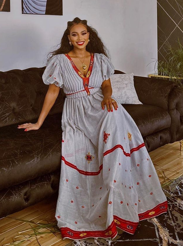 Classic comfort handwoven cotton habesha dress with red design habesha kemis