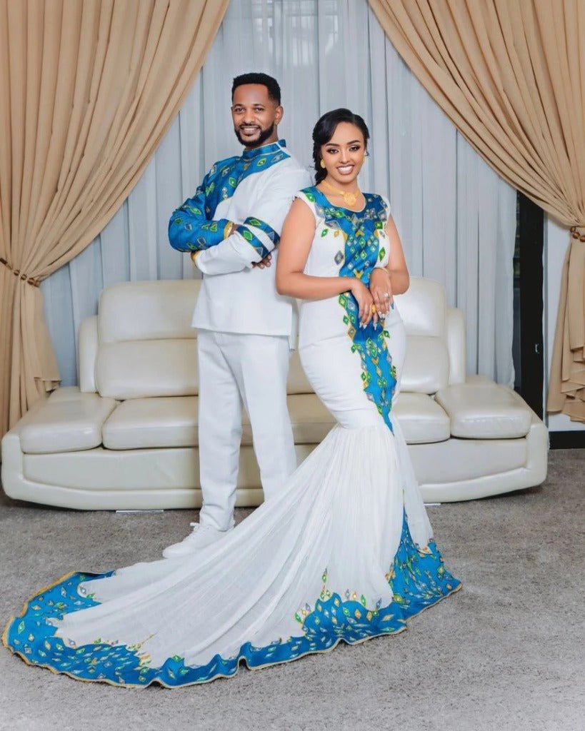 Stylish Couple in Traditional Attire with Blue Accents – Habesha Dress – Habesha Wedding Dress – Cultural Dress XXL