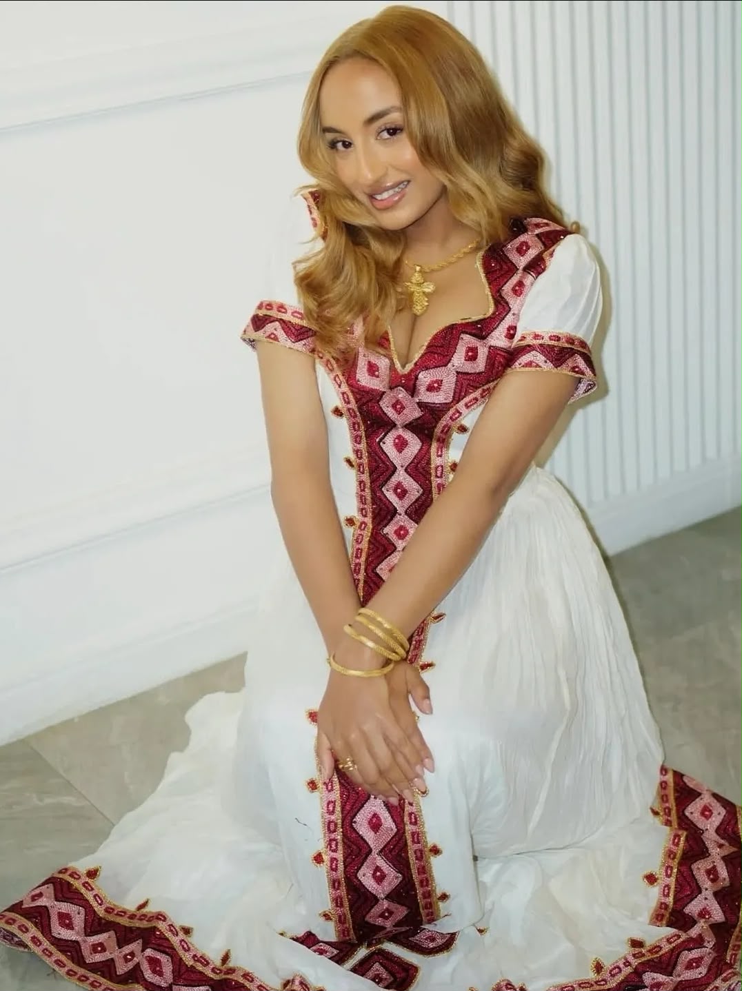 Short Sleeve Ethiopian Clothing Red Embroidery Habesha Dress Graceful Habesha Kemis 439