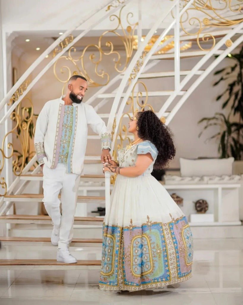 Beautiful Pastel Couples outfit – Zuriya - Habesha Kemis - Habesha Wedding Dress