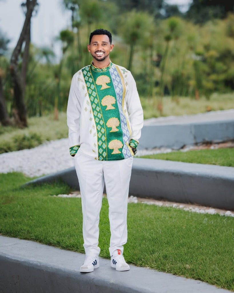 Traditional Oromo Wedding Couples' Outfit with Green and Gold Embroidery – Ethiopian Wedding Dress – Habesha Clothing