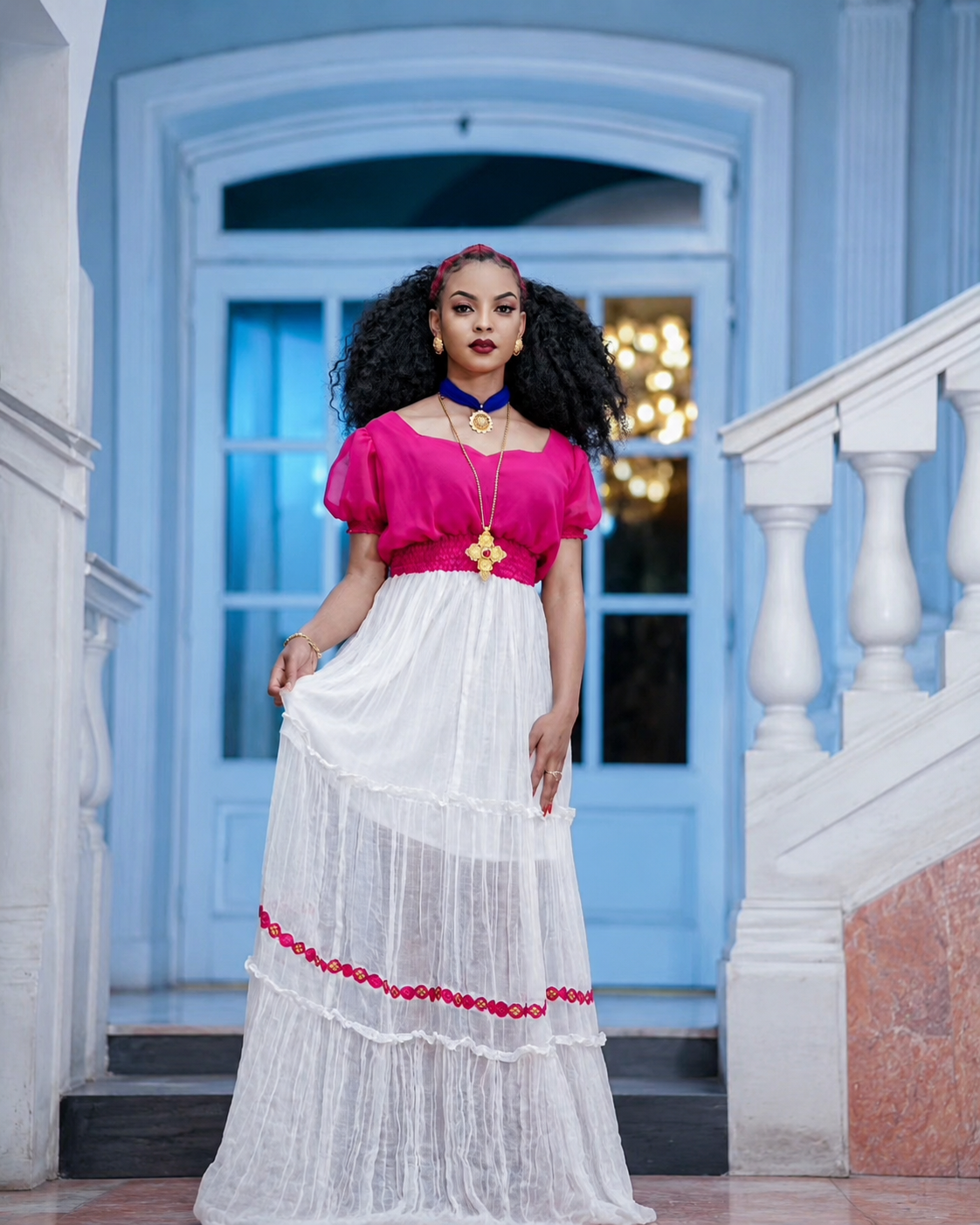 Radiant Fuchsia Pink Habesha Dress Ethiopian Traditional Clothing Sheer White Skirt Habesha Kemis 837