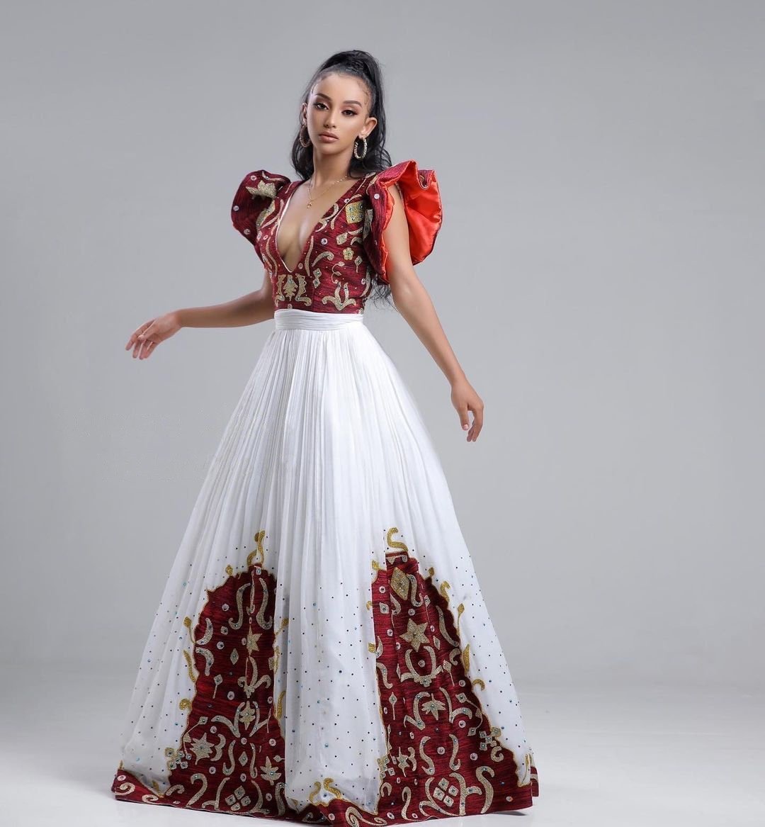 A Menen Fabric Habesha Kemis with Shimena Top, Beaded Accents, and Tilf Hem , Habesha Kemis, Eritrean dress, ሀበሻ