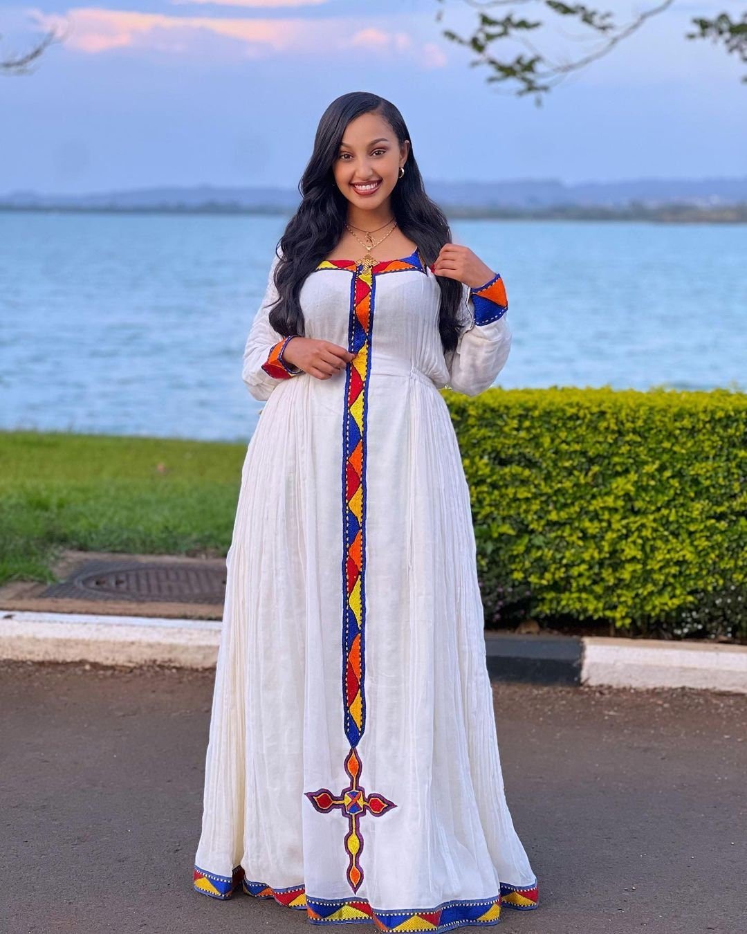 The Simple Shimena Habesha Dress with Tilf Accents and Menen Fabric, habesha libs, habesha kemis, ሀበሻ