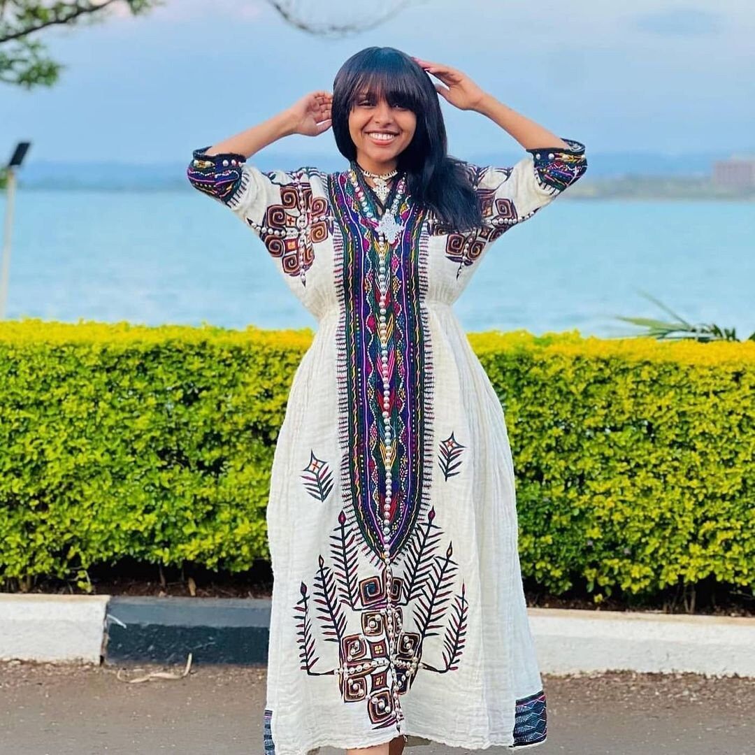 Beaded with Silver/Rhinestones Ethiopian Traditional Dress Modern Habesha Kemis Handwoven Habesha Libs Eritrean Dress ሀበሻ ቀሚስ ሀበሻ ልብስ XL / Rhinestones