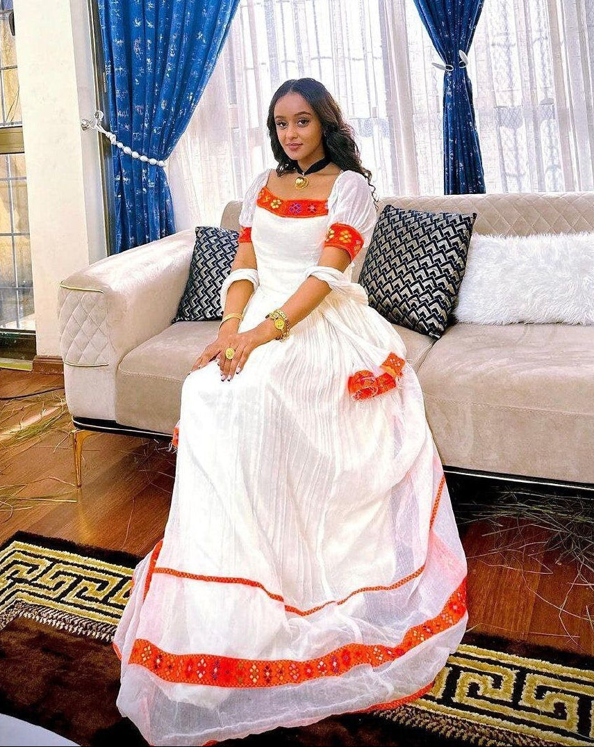 Handwoven Orange Design Habesha Dress Design Habesha Kemis Design ሀበሻ ቀሚስ ሀበሻ ልብስ